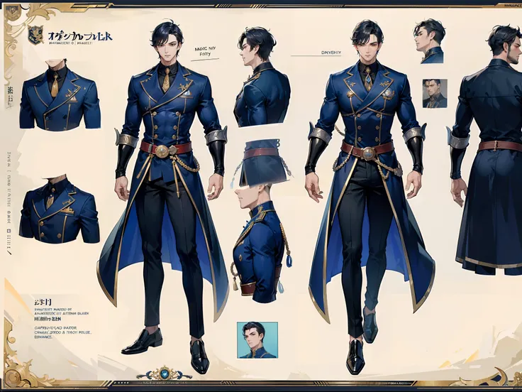 ((Masterpiece, Highest quality)), Detailed face, character design sheet， full bodyesbian, Full of details, frontal body view, back body view, Highly detailed, Depth, Many parts, Muscle boy with black hair，handsome man, navy, commander, man tall