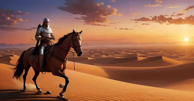 Nomadic Arabian Knight riding a horse, desert, dawn, orange skies, panoramic, detailed, panoramic, fantasy art