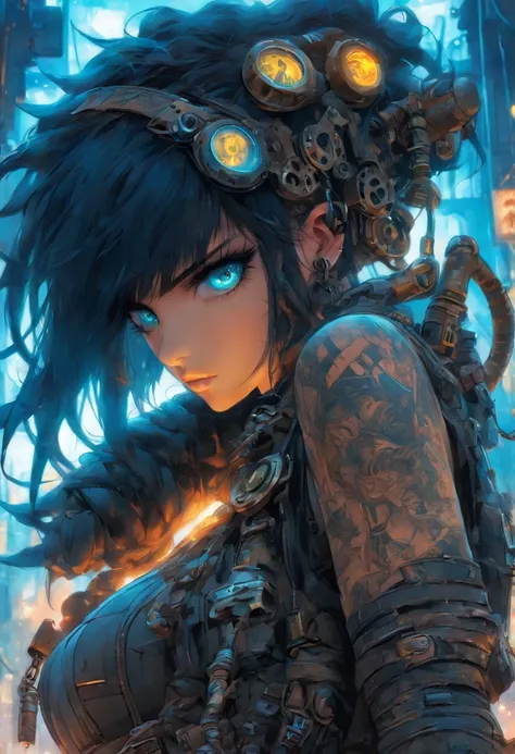 The most beautiful，The sexiest post-apocalyptic steampunk girl, Black hair, Blue eyes, Wear highly detailed steampunk tactical gear, Lots of tattoos and piercings, Pieces of metal flutter in the wind, post apocalyptic wasteland, highly detailed back ground...