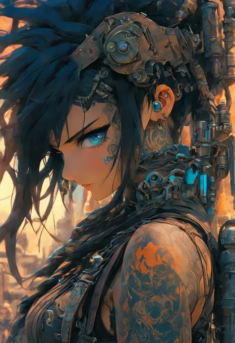 The most beautiful，The sexiest post-apocalyptic steampunk girl, Black hair, Blue eyes, Wear highly detailed steampunk tactical gear, Lots of tattoos and piercings, Pieces of metal flutter in the wind, post apocalyptic wasteland, highly detailed back ground...