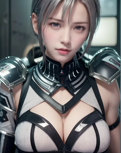 (8K, Photorealistic, Raw photo, of the highest quality: 1.3), (1girl in), Super beautiful, (Realistic face), (boyish, Silver Color Berry Shorthair), Beautiful cyberpunk suit, Glare that captivates the viewer, Beautiful expression, Beautiful breasts, (Reali...