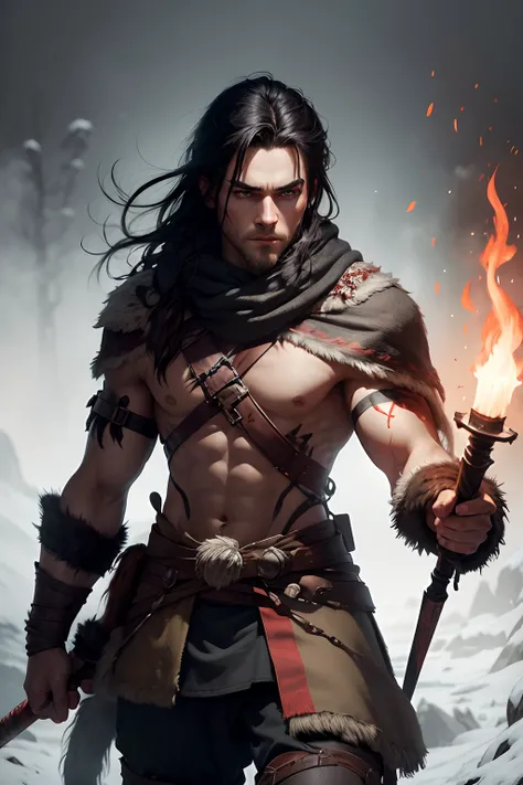 primal nordic hunter holding a torch, clothed in hides, attack pose, torch in hand, evil, red war paint, human male, thin body, black hair, pathfinder fantasy, white background, (extremely detailed CG 8k wallpaper)