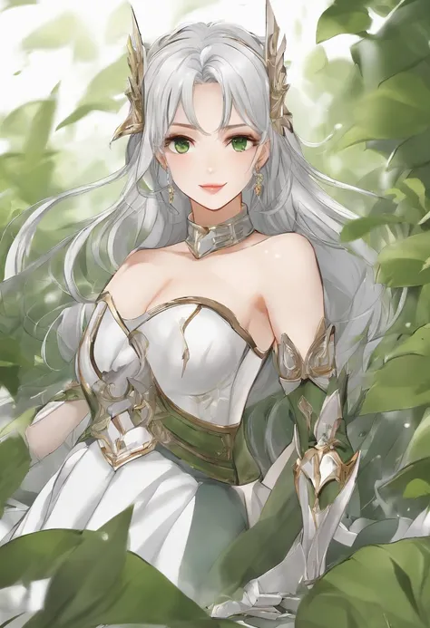 （8K，Best quality，style of anime）Silver-haired female knight，Green emerald pupils，Delicate facial features，The drawing style is similar to that of characters in anime，Full body like，with a pure white background，Character design，quadratic element，Include a s...