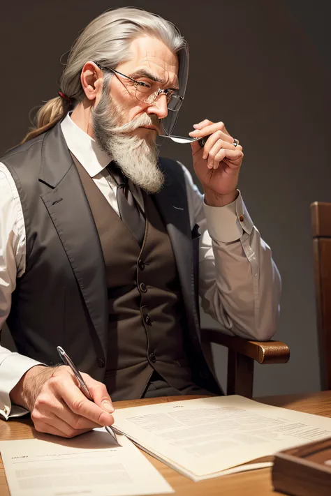 Produce picture of a sophisticated, mature man with a long beard and a vintage monocle. He is depicted from a side view, sitting and holding tweezers in his left hand and gesturing slightly with his raised left hand. Meanwhile, his right hand is resting on...