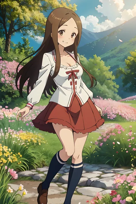 (Realistic),(Photorealistic),Takagi_San, 1girl in, Height 155 cm,Long hair, Brown hair, Part bangs, Brown eyes,（（German national costume））,（（white frills））,（red clothing）,large full breasts,cleavage of the breast,Forehead,Smile, Looking at Viewer,masutepie...