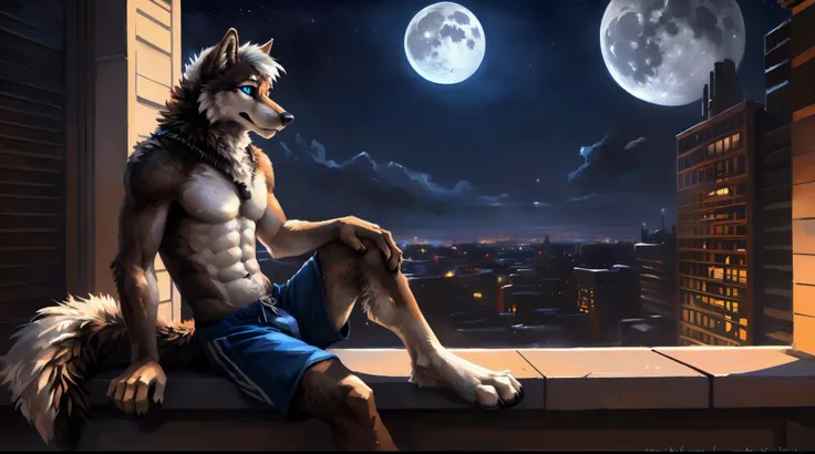 ((Solo)), male people, anthro wolf, (Multi-colored fur, White-brown:1.3), ((Wolf face, White hair, Big eyes, White eyelids, Blue pupil, Slim:1.2) (Tough, Calm expression:1.2)), Abs, Slim, pinging)), (Correct anatomy), (Work shorts:1.1), (Contour bone:1.2),...