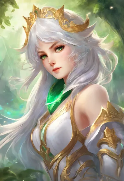 （8K，Best quality，style of anime）Silver-haired female knight，Green emerald pupils，Delicate facial features，The drawing style is similar to that of characters in anime，Full body like，with a pure white background，Character design，quadratic element，Include a s...