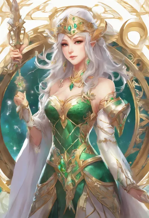 （8K，Best quality，style of anime）Silver-haired female knight，Green emerald pupils，Delicate facial features，The drawing style is similar to that of characters in anime，Full body like，with a pure white background，Character design，quadratic element，Include a s...