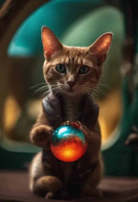 Um gato humanoide, alien, usando uma roupa que tem ossos, He holds a kind of magic ball. His tongue is out