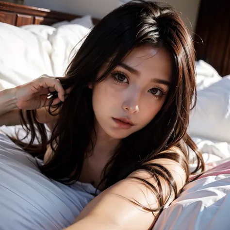 Hyperrealistic girl, laying in bed, messy hair, good makeup, selfie