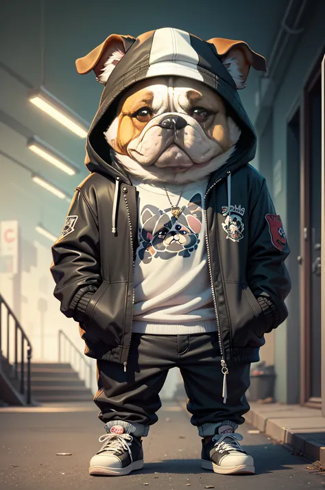 C4tt4stic, Cartoon bulldog dog with jacket and skateboard（Full body black color、droopy ears）