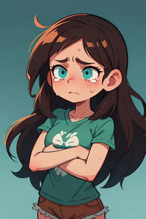 the girl is a brunette, Girl with long hair, hairlong, messy  hair, Long bangs, Cyan eyes, big anime eyes, Girl crying, tears are flowing, Girl in green t-shirt, brown shorts, black sneakers, full-arm-gloves, black gloves crossed arms, whitebackground