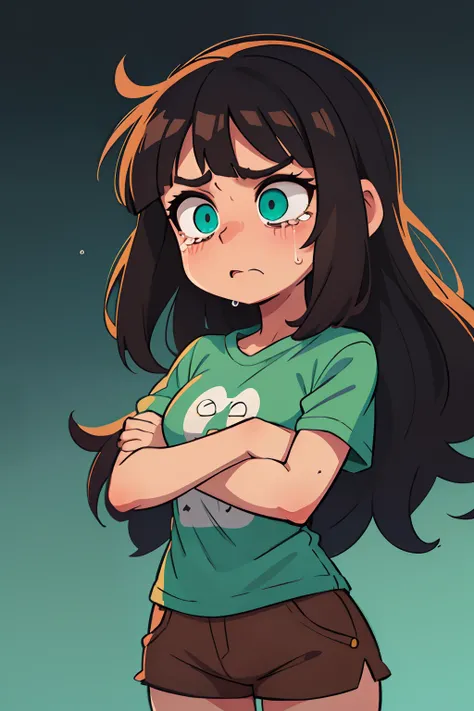 the girl is a brunette, Girl with long hair, hairlong, messy  hair, Long bangs, Cyan eyes, big anime eyes, Girl crying, tears are flowing, Girl in green t-shirt, brown shorts, black sneakers, full-arm-gloves, black gloves crossed arms, whitebackground