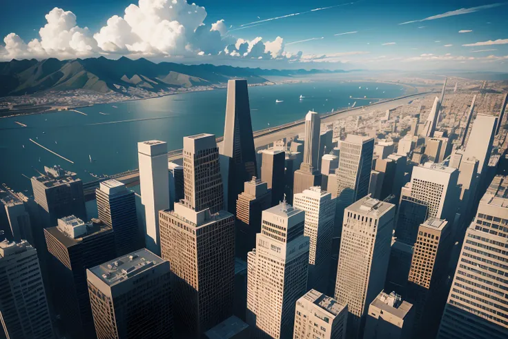 photo realistic, big sky, fast clouds, San Francisco, birds eye view, Inspirational, moody blue colors, detailed buildings