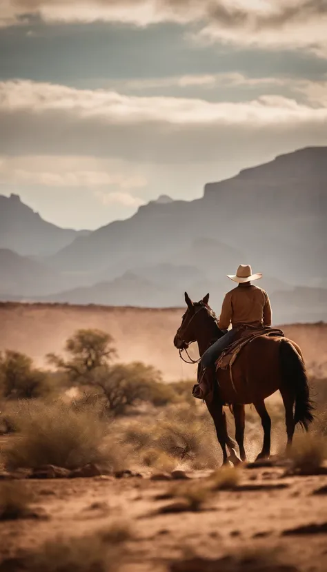 Um detetive no velho oeste americano, with a typical setting of the time, incluindo cowboys, Horses and arid landscapes.