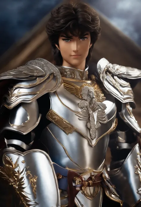 A high resolution photography of a realistic version of the Pegasus Seiya guy character from the anime "Saint Seiya Knights of the Zodiac". He has silver armor clothes that assemblies a Pegasus.