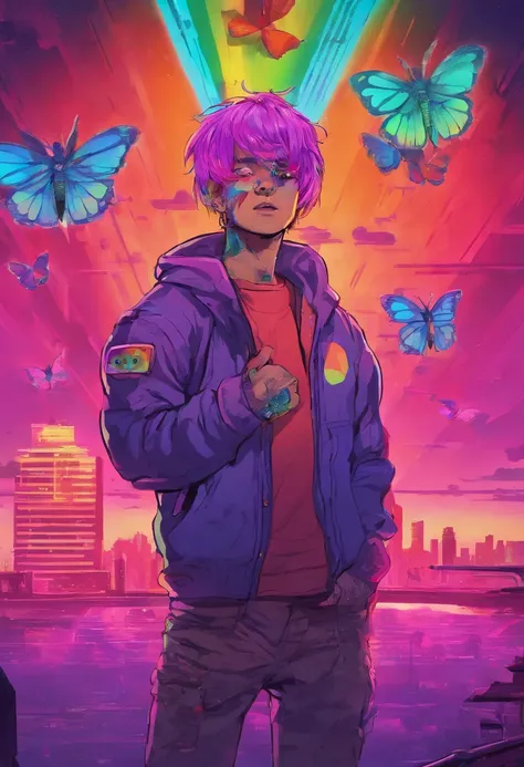 The Boy with Rainbow Hair, with a butterfly on its nose, and with a mole on his cheek, in a purple sweatshirt, with red eyes, against the background of a comfortable rainbow comnote