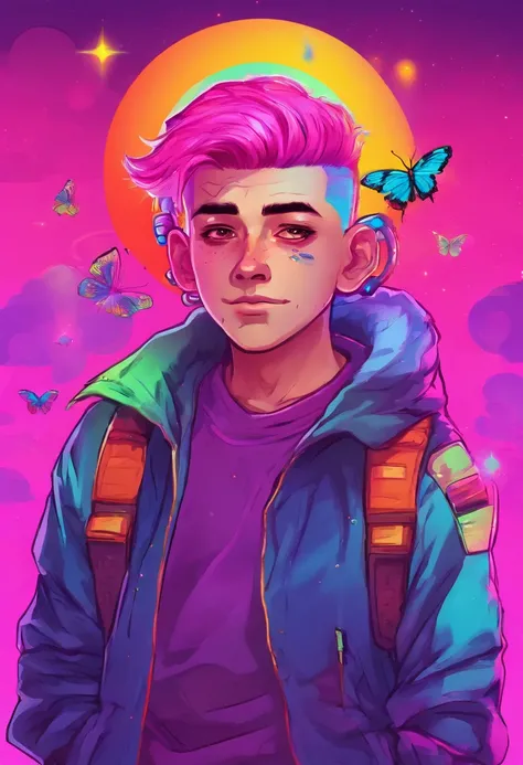 The Boy with Rainbow Hair, with a butterfly on its nose, and with a mole on his cheek, in a purple sweatshirt, with red eyes, against the background of a comfortable rainbow comnote