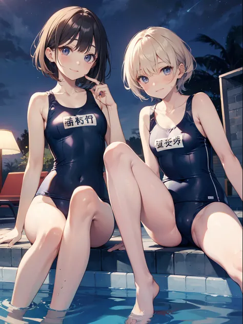 top-quality、Full limbs、complete fingers、Slender beauty、One、ssmile、embarassed expression、White Sailor School Swimsuit、Bery short hair、straighten your legs、Night Pool