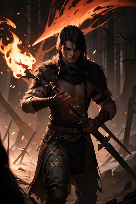 primal nordic hunter holding a torch, clothed in hides, attack pose, torch in hand, evil, red war paint, human male, thin body, black hair, fantasy artwork, white background, rpg character concept, oil painting, Intricate, High Detail, Sharp Focus, Dramati...