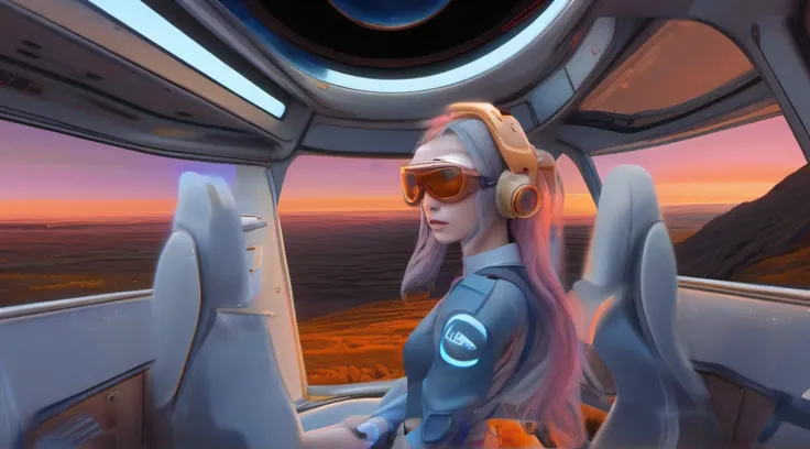 Raumanzug, weltraum, cockpit, Beautiful woman, medium boobs, deep space, planete surface, starbackround, blue hair, absurdly long hair, goggles, orange eyes, fox ears, shaded, sulking, Hyperrealism, anime style, Futurism, bloom, backlighting, ray tracing, ...