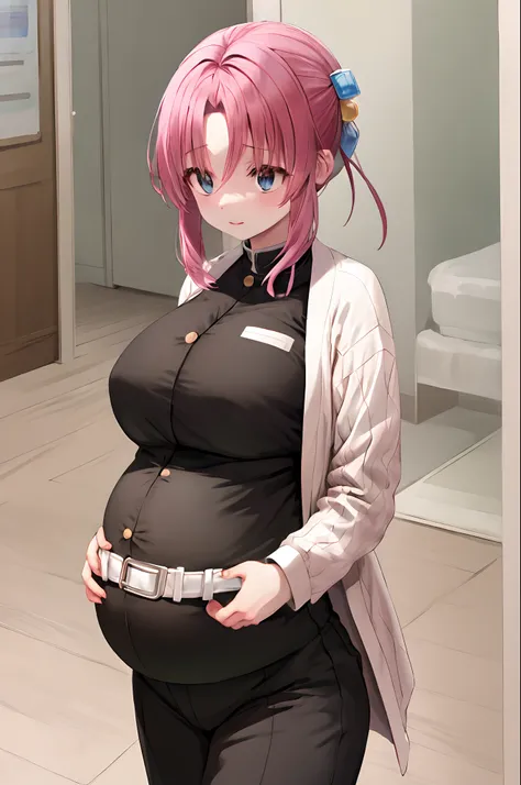 parted bangs, black pants, black jacket, long sleeves, belt, cowboy shot, pink hair, cube hair ornament, pregnant