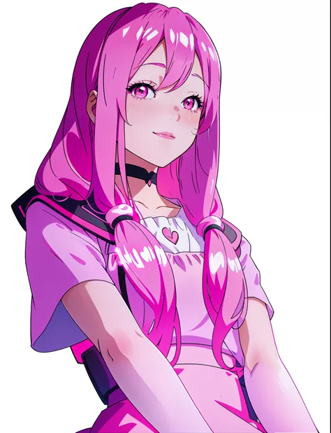 Close-up of a girl with long pink hair and in a pink dress, [[[[Smiling ]]]], looks at the viewer !!!, pretty eyes, clean artstyle, Neon image, unknown artstyle, anime artstyle, ((Pink)), high quality anime artstyle, made with anime painter studio, marin k...