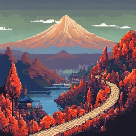 Evening. 3D пиксельная графика. A Japanese mountain road with many sharp turns is depicted, illuminated by faded old lanterns, Against the background of a high mountain