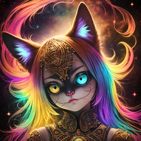 isometric gradient iridescent rainbow alien kitten, large glowing eye sockets made of sparkling rainbow stars, mark ryden art style, large luminescent glossy eyes, background, beautiful glowing nebular space scene surrealism, avant-garde, beth cavener arts...