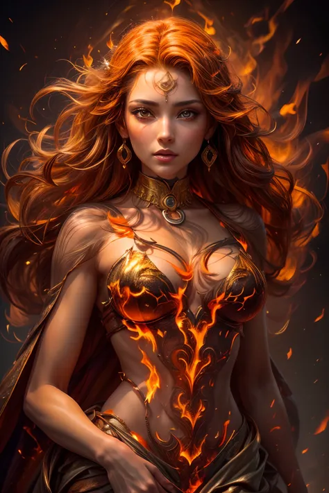 This (realistic fantasy) art contains embers, real flames, real heat, and realistic fire. Generate a masterpiece artwork of a petite female fire druid with large (((orange and gold))) eyes. The fire druid is awe-inspiring with beautiful ((realistic fiery e...