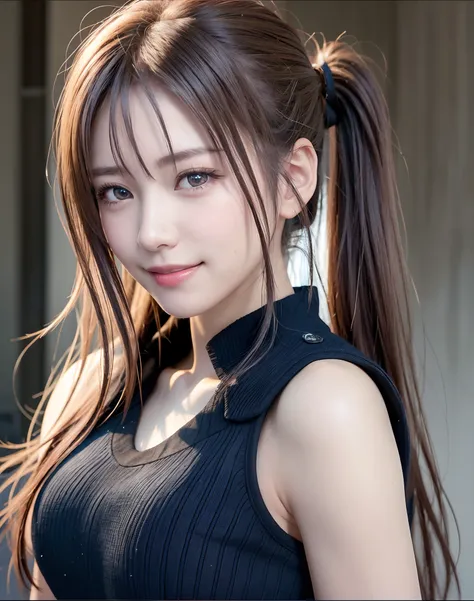 Sleeveless, Ponytail, Japan girls, 8K, Photo of the law, of the highest quality, masutepiece, Realistic, Photorealistic super detail, One girl, Cute, Best Smile, Beautiful eyes, Long hair, Perfect facial features,