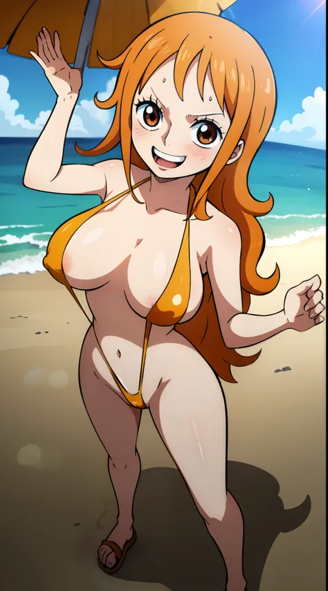 (ANIME ART STYLE),nami from one piece, brown eyes, orange long hair, standing on the beach, sparking seawater,blushing, joyful expression, wearing SLINGSHOT swimsuit,nsfw.