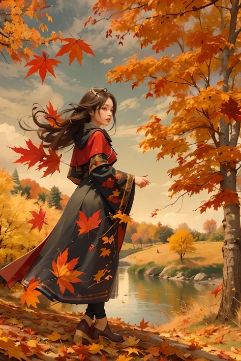 Create captivating autumn depictions, Flaming red maple，eventide，A beautiful woman walks on a path covered with maple leaves，Scenic beauty，A place where nature and technology live in harmony，Let this artwork transport the viewer to another world, Old and n...