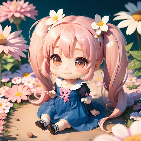 Cute chibi anime sitting on flowers, long pink hair with twin tails、Wear a blue mini dress, Smiling, Logo is cheap