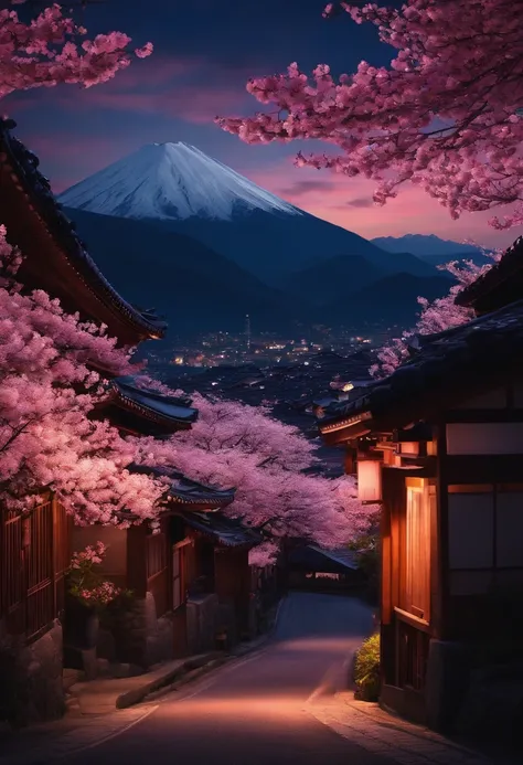 A night mountain road in a Japanese village full of cherry blossoms with a bunch of turns and some buildings Window view. pixel background animation