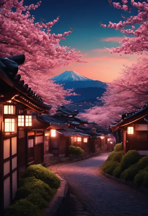 A night mountain road in a Japanese village full of cherry blossoms with a bunch of turns and some buildings Window view. pixel background animation