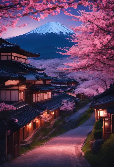 A night mountain road in a Japanese village full of cherry blossoms with a bunch of turns and some buildings Window view. pixel background animation