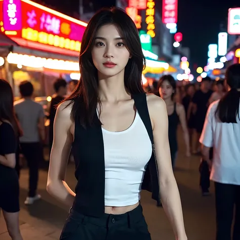 Pretty woman,Tank Top,Cargo pants,body detailed,Night Market,,(Keep details),long-haired,(Best Performance),(Realistic.),korea,Wolf Cut Hairstyle,Focus on your eyes,scenary,Tie me up.