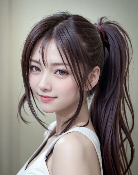 Sleeveless, Ponytail, Japan girls, 8K, Photo of the law, of the highest quality, masutepiece, Realistic, Photorealistic super detail, One girl, Cute, Best Smile, Beautiful eyes, Long hair, Perfect facial features,