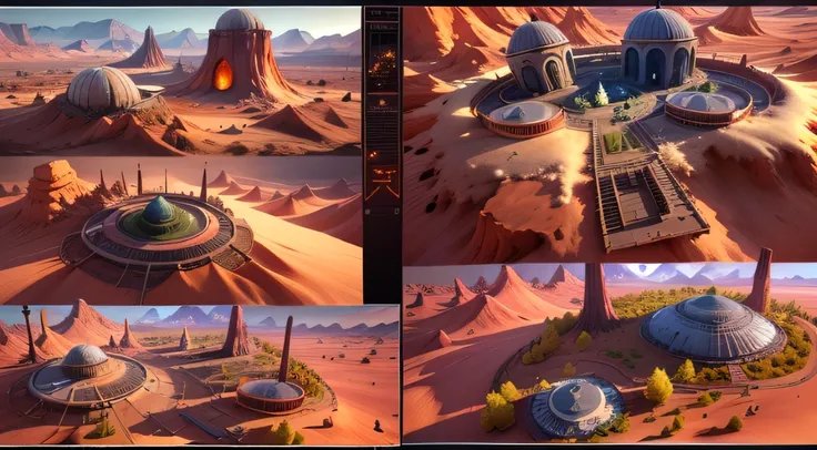 Alien Fall Base (Very detailed) In the mountainous desert，There are several exhaust fans and yellow chimneys, Some neon lights come out of the base to illuminate the dark place, (Extreme nights), Some clouds in the night sky, Some of the surrounding planet...