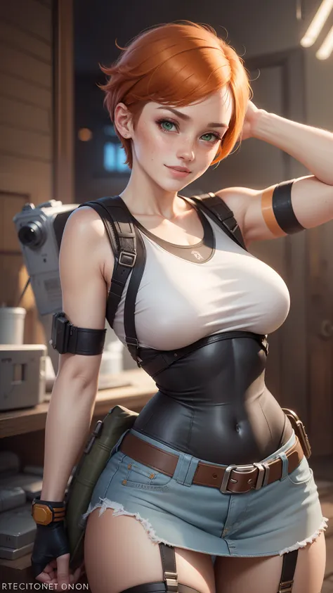 gwen tennyson,tracer,d.va,rebecca chambers,lara croft,pilot uniform, teenager, green eyes,garter belt,striped underwear,short hair,orange hair,hot springs,shy smile,ginger,white striped top,denim micro skirt,freckles,beautiful girl,stockings,large breasts,...