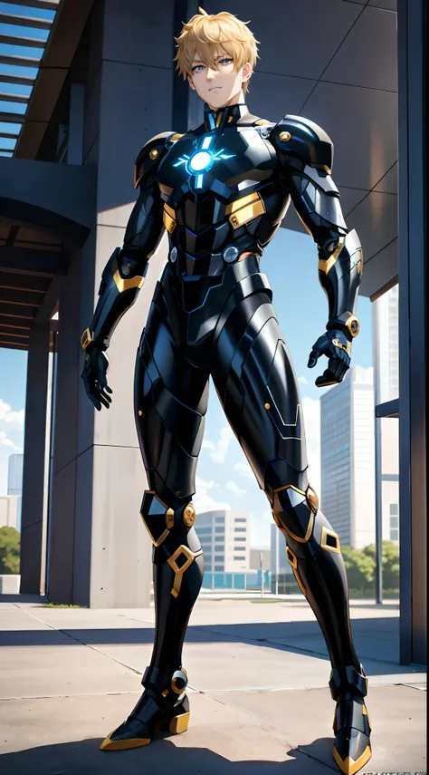 a full body of a person in cyborg mode, 1boy, anime character, Genos war mode, Genos from one punch man, shining eyes, best anime 4k wallpaper, badass anime 8 k, key anime art, 4 k manga wallpaper, anime mecha aesthetic, black and golden armor cyborg, deta...