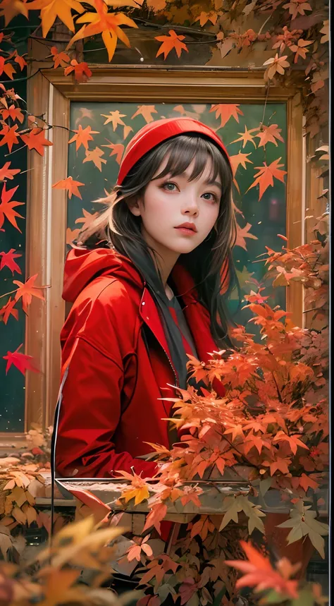 Highly detailed masterpiece 8K high-resolution content，Autumn alpine valley，Flaming red maple，eventide，Scenic beauty，Autumn leaves float in the air，There are sparkling particles fluttering，Warm light background，1 girl walking on the road，Surrealist portrai...