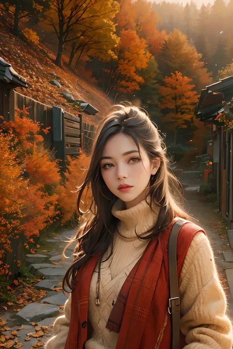 Highly detailed masterpiece 8K high-resolution content，Autumn Alpine Valley，autumnal，eventide，Scenic beauty，Autumn leaves float in the air，There are sparkling particles fluttering，Warm light background：1 girl walking on the path，hair glowing，glomy，brunette...