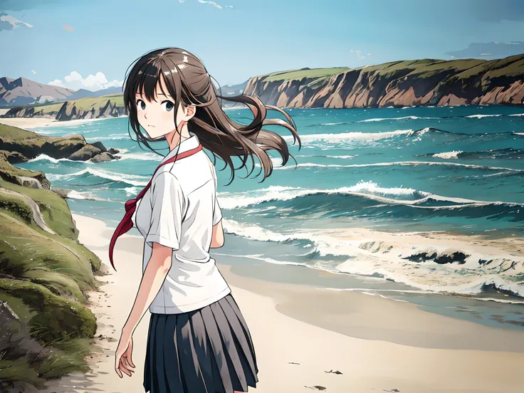 1 girl, alone, school uniform, pleated skirt, seaside, sandy beach, looking back, from behind, embarrassed face, shy face, wind, hair tying, barefoot, day, horizon, clouds,