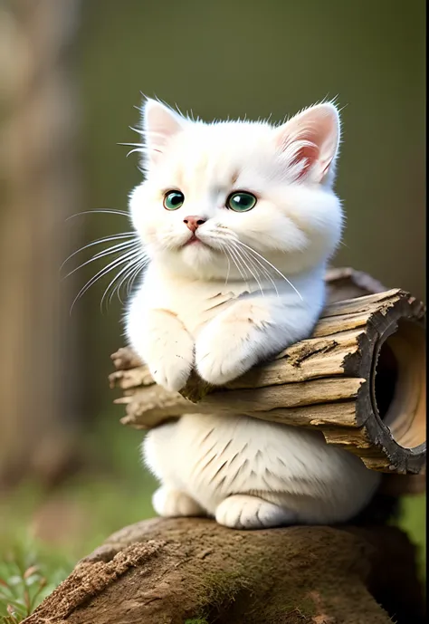 Fluffy cat sitting near the roots of a tree in the middle of the mountain, cute