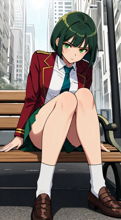 ((masterpiece, top quality)), uniform, long white shirt, blue tie, red blazer, red vest, gold and green school emblem on right breast, beige skirt, blue high socks, loafer shoes, teen girl, small breasts, slender thighs, soft skin, clean large dark green e...