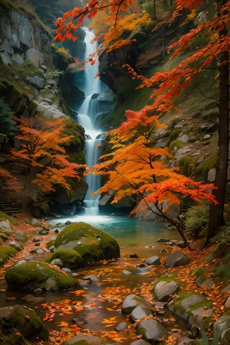 Autumn Alps，vale，Flaming red maple，eventide，small stream，Scenic beauty，perfect photo，8K，A place where nature and technology live in harmony，Let this artwork transport the viewer to another world, Old and new intertwined，Form captivating photos of nostalgia...