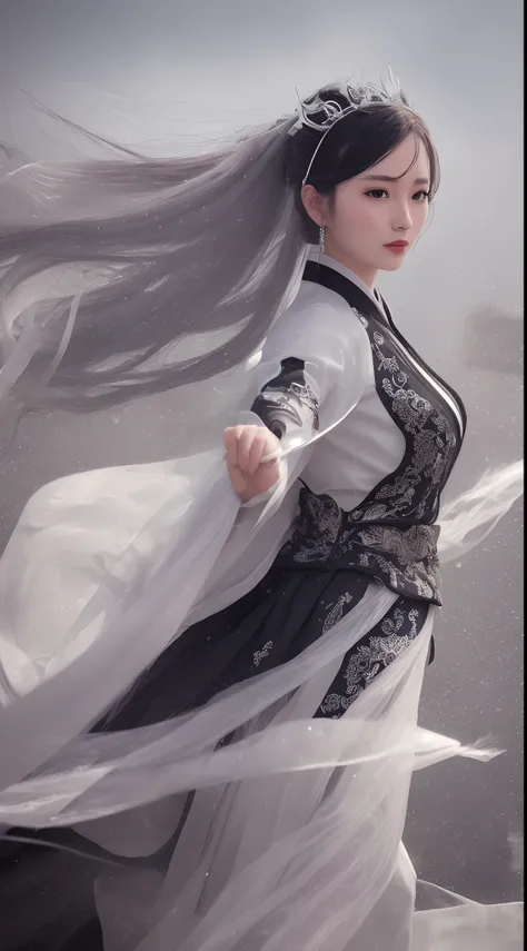 (Best quality,4K,high resolution,Masterpiece:1.2), Ultra-detailed, Photorealistic, Black and white hanfu with black embroidery, Elegant white ponytail, long and flowing hair, White mask, The mask flutters in the wind, Fringed Hair Ornament, Peony flower, A...