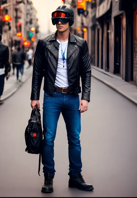 (best quality, masterpiece), solo, 1man, handsome, adult torso, athletic full body, standing, green eyes, (((black leather jacket))), ((plain blue t-shirt)), (jeans), brown shoulder and knee pads, steampunk goggles on head, brown work boots, royal blue hai...